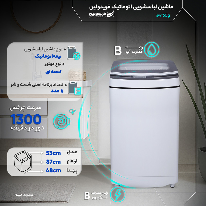 ماشین لباسشویی 6 کیلوگرم نیمهاتوماتیک فریدولین مدل swf60g
