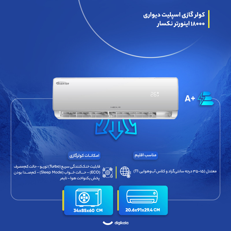 کولر گازی اسپلیت دیواری (Split) 18000 اینورتر نکسار مدل TV18ELN1