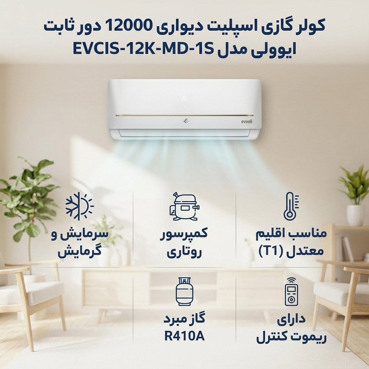 کولر گازی اسپلیت دیواری 12000 دور ثابت ایوولی مدل EVCIS-12K-MD-1S