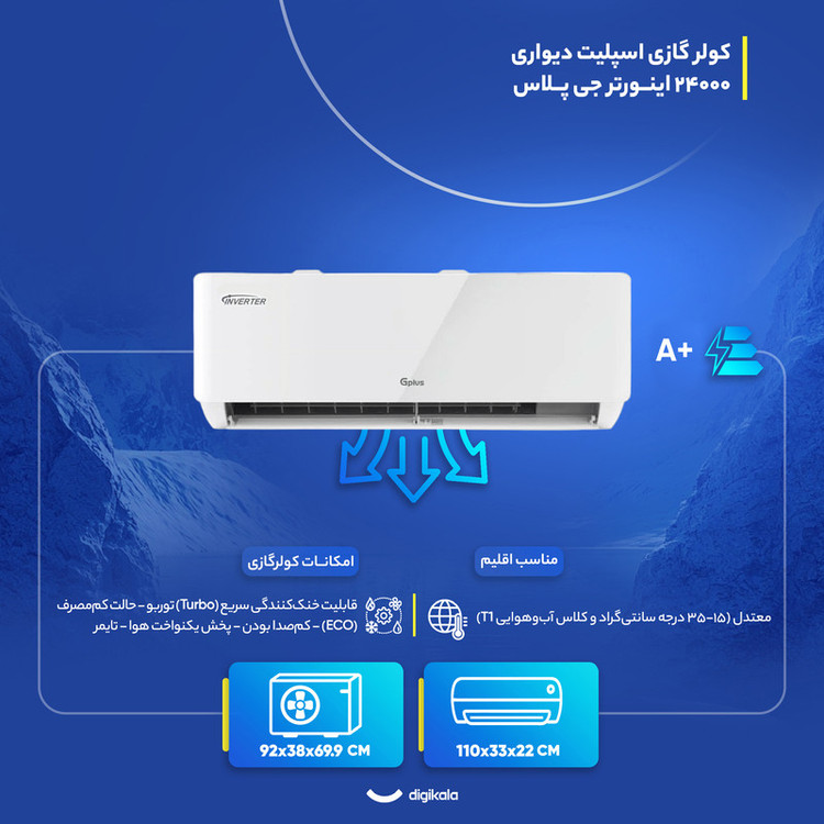 کولر گازی اسپلیت دیواری 24000 اینورتر جی پلاس مدل GAC-TV24TPN1A