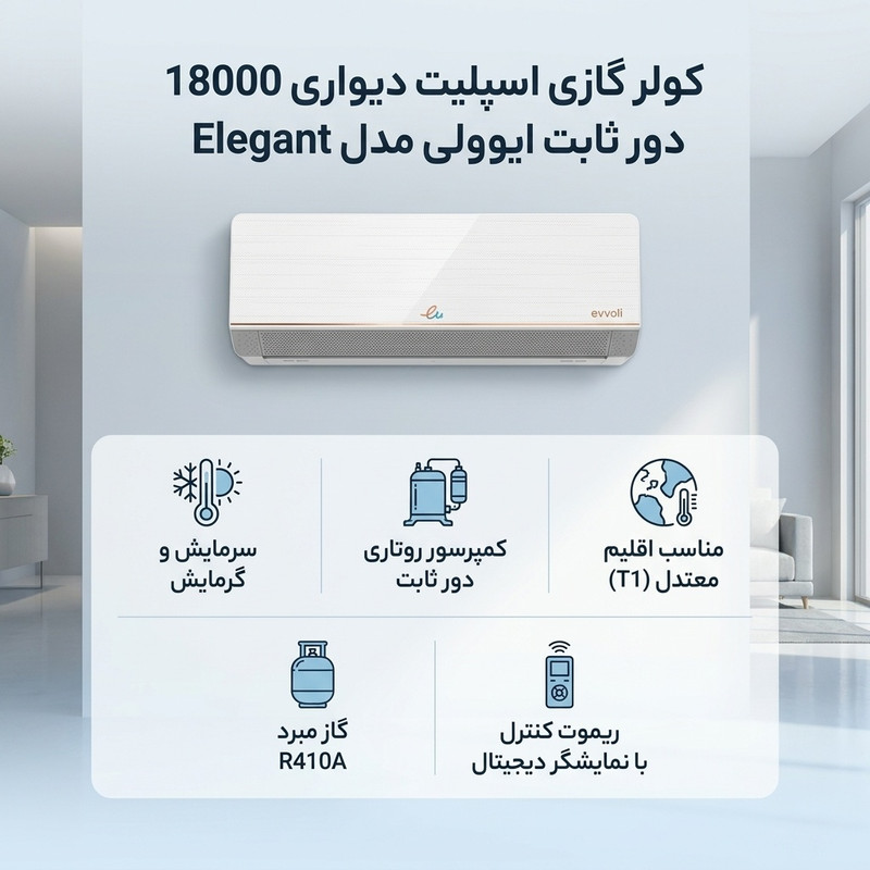 کولر گازی اسپلیت دیواری 18000 دور ثابت ایوولی مدل Elegant